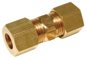 Brass double-ended compression fitting on a white background.