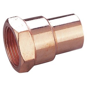 Copper pipe fitting with threaded female connectors on white background.