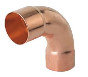 A shiny copper 90-degree elbow pipe fitting isolated on a white background.