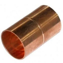 Copper pipe coupling on a white background.