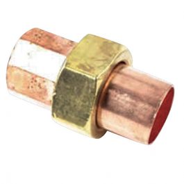 Copper pipe fitting with brass hexagonal nut against a white background.
