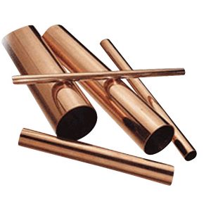 Five copper pipes and tubes on a white background.