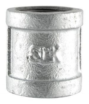 Close-up of a metal pipe coupling on a white background.