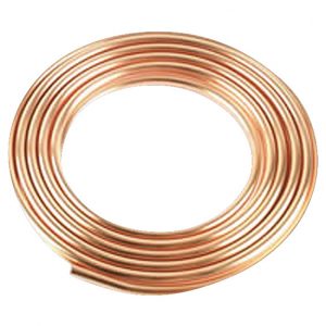 A coiled copper tubing with a reflective surface on a plain background.