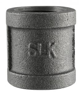Close-up of a metal pipe coupling isolated on a white background.