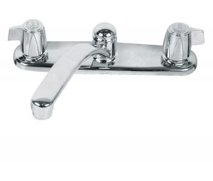 A chrome kitchen faucet with dual handles and a central spout on a white background.