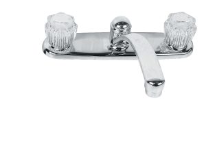 Chrome bathroom faucet with two clear crystal handles, isolated on a white background.