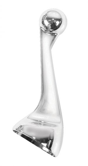 A sleek, modern chrome wine decanter with a spherical stopper.