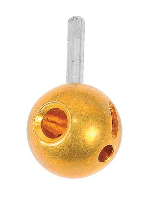 Gold-colored spherical fishing float with various holes, isolated on a white background.