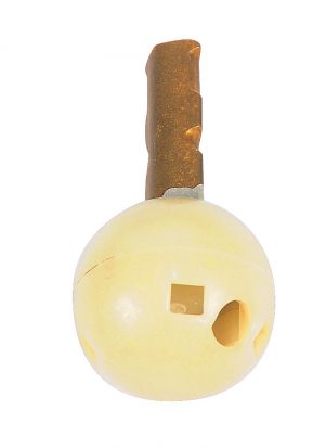 A close-up of a yellow plastic float ball for a toilet tank mechanism.