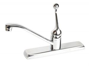 A shiny chrome single-lever faucet on a white background.