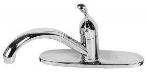 Shiny chrome single-handle kitchen faucet on a white background.