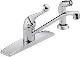 Chrome single-handle kitchen faucet with separate spray nozzle on white background.
