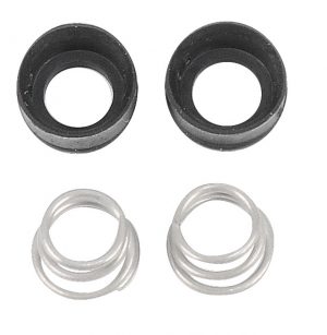 Four metal springs and rubber rings on a white background.