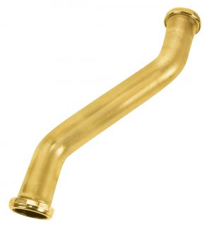 A golden brass pipe with a curved shape and flared ends isolated on a white background.