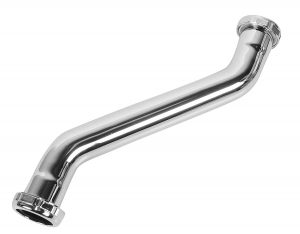 Chrome-plated sink trap pipe on a white background.