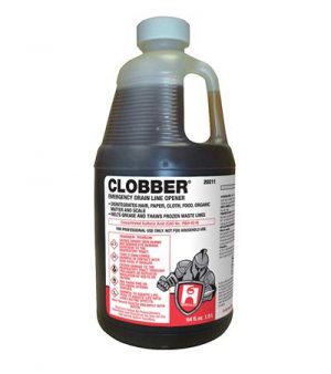 Plastic bottle of "CLOBBER" emergency drain line opener with label and instructions.