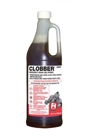 A bottle of Clobber drain opener with warning labels and hazard symbols.