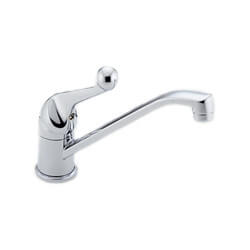 Single-handle chrome kitchen faucet isolated on a white background.