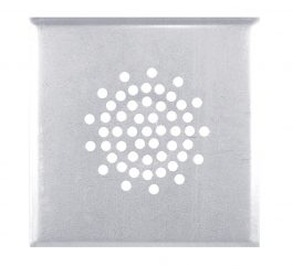 A square metallic shower head with a circular pattern of nozzle holes.