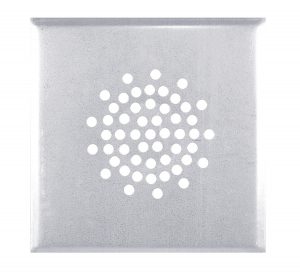 A square metallic shower head with a circular pattern of nozzle holes.