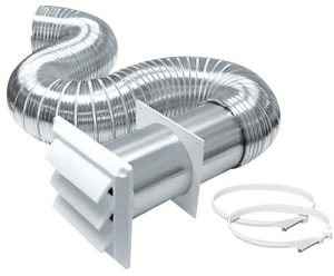 Flexible aluminum dryer vent duct with wall flange and cable.