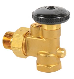 Brass gas safety valve with black on-off knob against a white background.