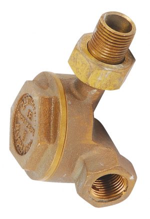 Brass swing check valve with threaded connections on a white background.