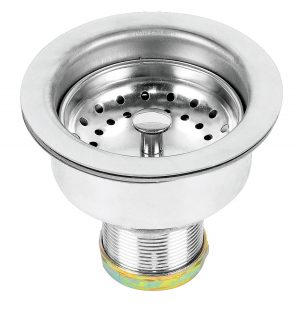 A stainless steel kitchen sink drain assembly with strainer on a white background.