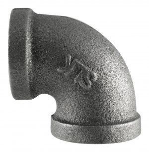 Iron 90-degree elbow pipe fitting on a white background.