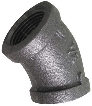 Black iron pipe elbow fitting at a 45-degree angle.
