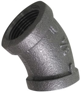 A black iron pipe elbow fitting with threaded connections.