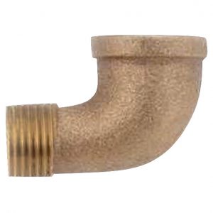 Brass elbow pipe fitting with a threaded male end and a smooth female end.
