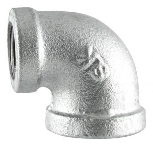 A metal 90-degree elbow pipe fitting on a white background.