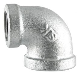 A 90-degree elbow pipe fitting made of galvanized steel on a white background.