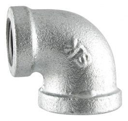 Metal 90-degree elbow pipe fitting on a white background.