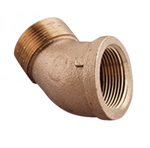 Brass 90-degree elbow fitting with female and male threaded connections.