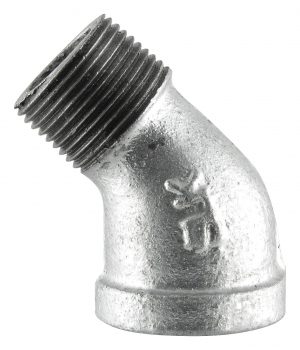 A metal 90-degree elbow pipe fitting with threaded connections.