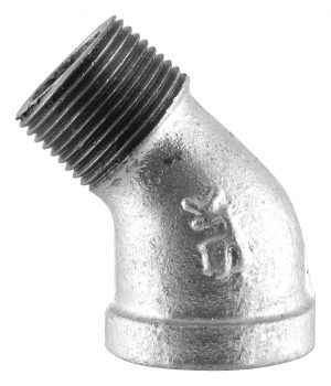 Metal pipe elbow fitting with a male threaded end at a 45-degree angle.