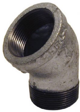 Galvanized iron pipe elbow at a 90-degree angle on a white background.