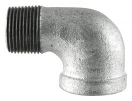 Galvanized 90-degree elbow pipe fitting on a white background.