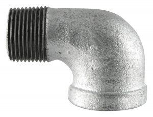 Metal threaded 90-degree elbow pipe fitting on a white background.