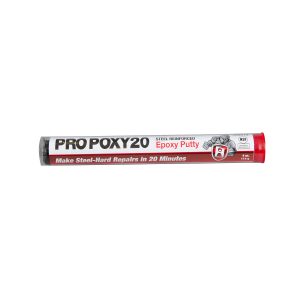 A tube of ProPoxy20 steel reinforced epoxy putty against a white background.