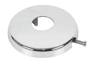 Chrome gym weight plate with a central hole and adjustment screw.