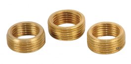 Three brass metal threaded rings on a white background.