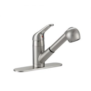 Stainless steel single-handle kitchen faucet with pull-out spray head on white background.