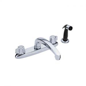 Chrome wall-mounted faucet with separate hot and cold handles and a side sprayer.