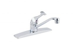 A single-handle chrome kitchen faucet on a white background.