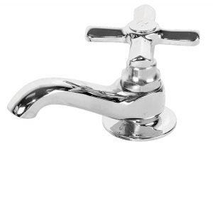 Shiny chrome water tap with a cross-shaped handle on a white background.