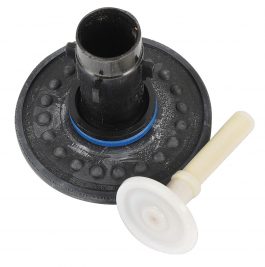 A black irrigation emitter with a blue gasket and white adjustable flow dial.